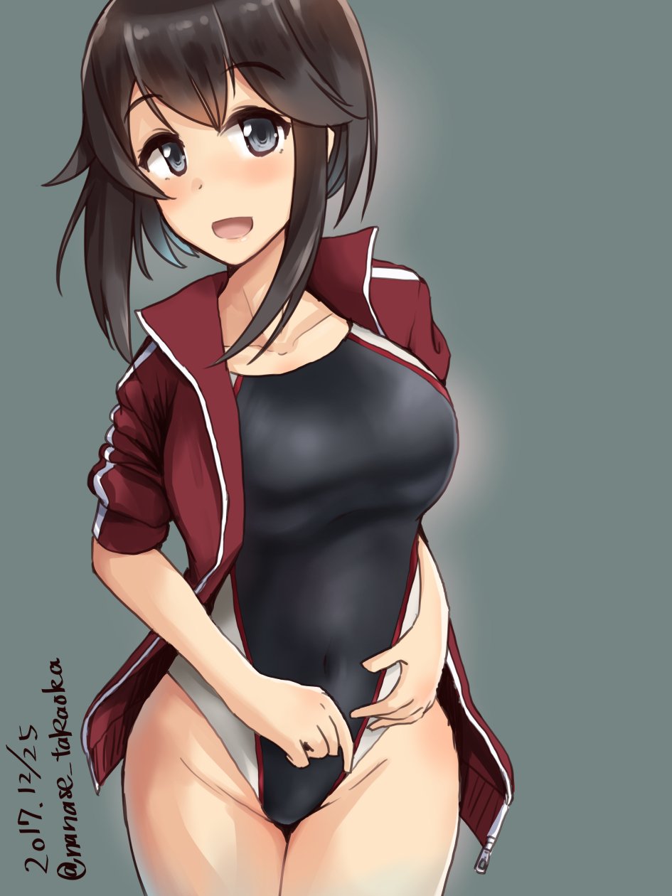 1girl black_hair black_jacket black_swimsuit cowboy_shot dated grey_background grey_eyes hayasui_(kantai_collection) highres jacket kantai_collection looking_at_viewer open_mouth short_hair simple_background solo standing swimsuit takaoka_nanase track_jacket twitter_username
