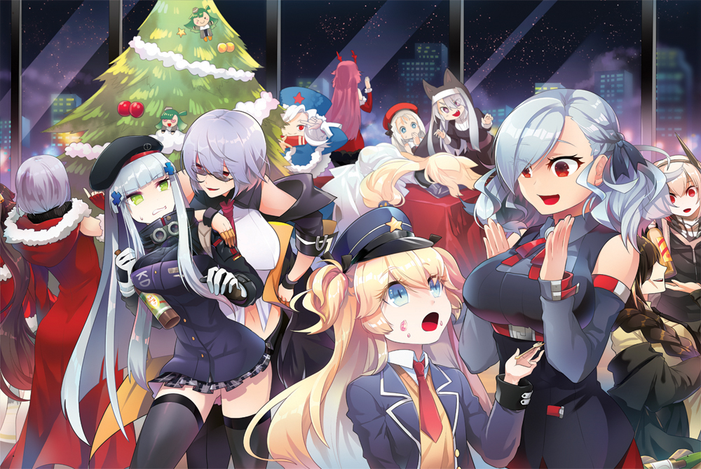 6+girls beret blonde_hair braid brown_hair chibi christmas christmas_tree detached_sleeves food food_on_face fur_hat g41_(girls_frontline) g43_(girls_frontline) girls_frontline green_eyes hat hk416_(girls_frontline) long_hair m16a1_(girls_frontline) m4_sopmod_ii_(girls_frontline) makarov_(girls_frontline) menpo mg5_(girls_frontline) mp5_(girls_frontline) multiple_girls necktie ntw-20_(girls_frontline) p7_(girls_frontline) police_hat red_eyes short_hair silver_hair skyline spas-12_(girls_frontline) super_shorty_(girls_frontline) thigh-highs thompson_submachine_gun_(girls_frontline) ushanka