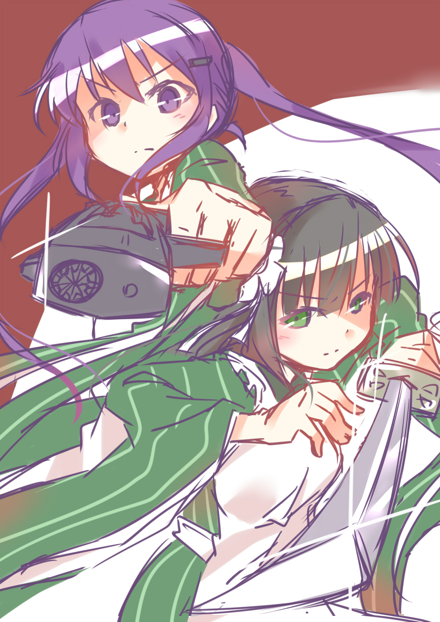 &gt;:( 2girls aiming_at_viewer ama_usa_an_uniform apron bangs black_hair blunt_bangs blush breasts closed_mouth eyebrows_visible_through_hair flower gochuumon_wa_usagi_desu_ka? green_eyes green_kimono gun hair_between_eyes hair_flower hair_ornament hairclip hetareeji highres holding holding_gun holding_sword holding_weapon japanese_clothes katana kimono long_hair long_sleeves looking_at_viewer maid_apron matching_outfit medium_breasts multiple_girls purple_hair sidelocks sketch sparkle striped sword tedeza_rize two-tone_background ujimatsu_chiya v-shaped_eyebrows vertical-striped_kimono vertical_stripes violet_eyes weapon white_background white_flower wide_sleeves