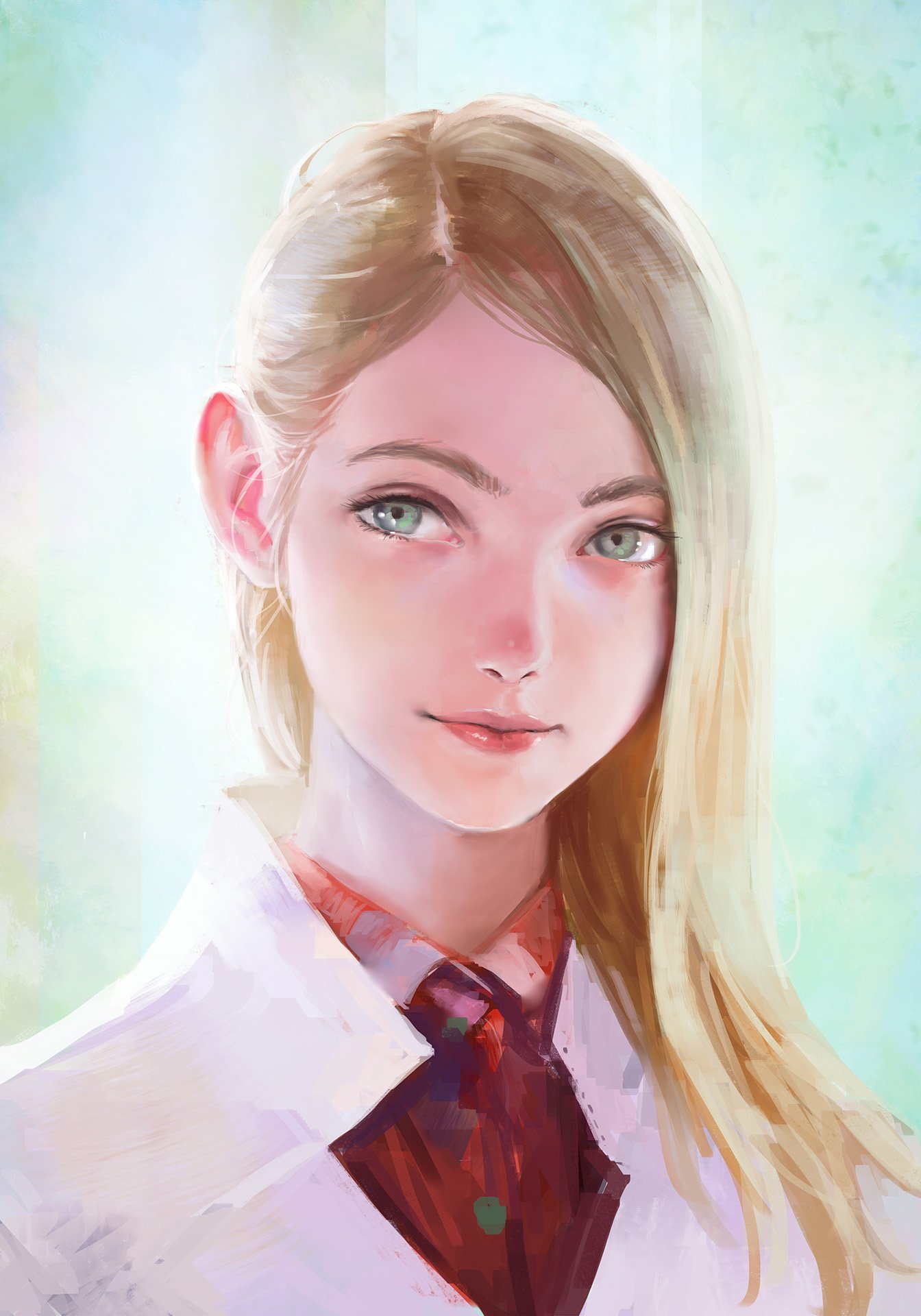 1girl arata_yokoyama blonde_hair blue_background closed_mouth commentary_request eyebrows eyes green_eyes highres lips long_hair looking_at_viewer necktie original pink_lips portrait red_neckwear robe smile solo upper_body