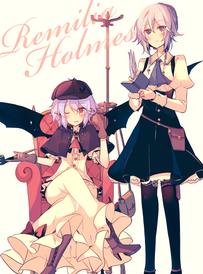 2girls ascot bat_wings black_capelet black_legwear blue_eyes blue_hair blue_neckwear book boots brown_skirt capelet chair character_name commentary_request deerstalker dress feathers hat holding holding_book holding_pipe izayoi_sakuya juliet_sleeves kirero long_sleeves looking_at_viewer multiple_girls one_eye_closed petticoat pipe puffy_short_sleeves puffy_sleeves red_eyes red_neckwear remilia_scarlet shirt short_hair short_sleeves silver_hair simple_background sitting skirt smile touhou white_shirt wings