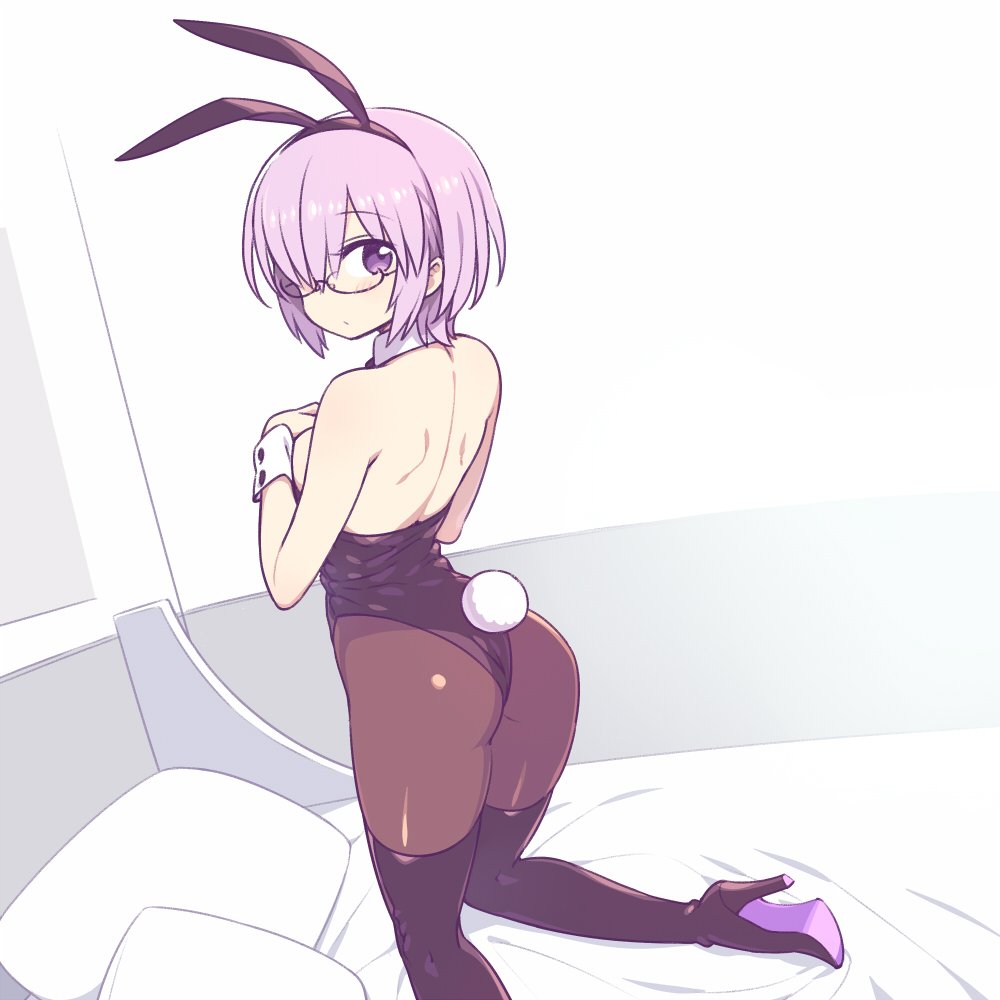 1girl animal_ears ass back bare_shoulders black-framed_eyewear black_leotard blush boots brown_legwear bunny_tail bunnysuit chan_co closed_mouth commentary_request dress eyebrows_visible_through_hair fake_animal_ears fake_tail fate/grand_order fate_(series) hair_over_one_eye hairband high_heel_boots high_heels kneeling leotard looking_at_viewer mash_kyrielight on_bed one_eye_covered open-back_dress pantyhose pillow purple_hair rabbit_ears short_hair solo tail thigh-highs thigh_boots under-rim_eyewear violet_eyes wrist_cuffs