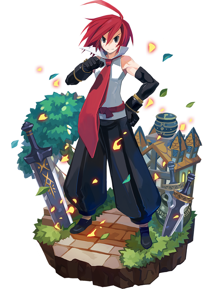 1boy adell_(disgaea) ahoge alpha_transparency black_eyes black_gloves disgaea faux_figurine full_body gloves hand_on_hip harada_takehito leaf makai_wars male_focus necktie official_art redhead short_hair smile solo sword transparent_background tree weapon