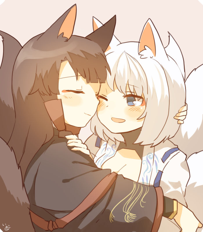 2girls akagi_(azur_lane) animal_ears artist_name azur_lane bangs black_hair black_kimono blue_eyes blunt_bangs blush closed_eyes closed_mouth commentary eyebrows_visible_through_hair eyeliner eyeshadow facial_hair fox_ears fox_tail fox_tails hand_on_another's_shoulder hug ina_(1813576) japanese_clothes kaga_(azur_lane) kimono kitsune long_sleeves makeup multiple_girls multiple_tails one_eye_closed open_mouth ribbon-trimmed_sleeves ribbon_trim short_hair simple_background smile tail upper_body white_hair white_kimono wide_sleeves