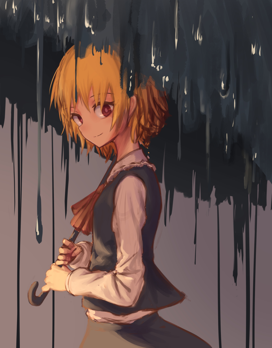 1girl ascot black_skirt black_vest blonde_hair blouse closed_mouth darkness dripping from_side holding holding_umbrella long_sleeves looking_at_viewer looking_to_the_side no_headwear pink_pupils red_eyes red_neckwear roke_(taikodon) rumia short_hair side_glance skirt skirt_set smile solo standing touhou umbrella upper_body vest white_blouse