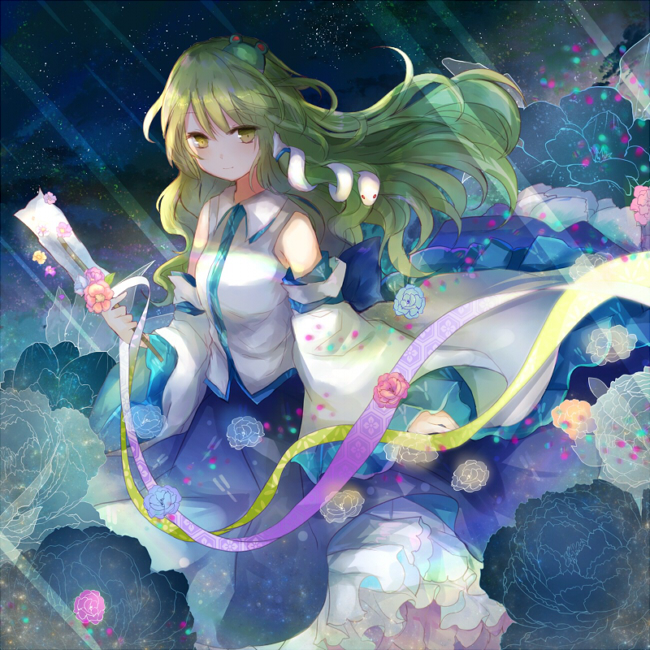 1girl arm_at_side bangs bare_shoulders blush breasts closed_mouth collared_vest detached_sleeves eyebrows_visible_through_hair flower frilled_skirt frills frog_hair_ornament gohei green_eyes green_hair hair_ornament hair_tubes holding kazu_(muchuukai) kochiya_sanae light_beam light_particles long_hair long_skirt long_sleeves looking_at_viewer medium_breasts petticoat rose shiny shiny_hair skirt snake_hair_ornament solo touhou very_long_hair vest white_vest wide_sleeves