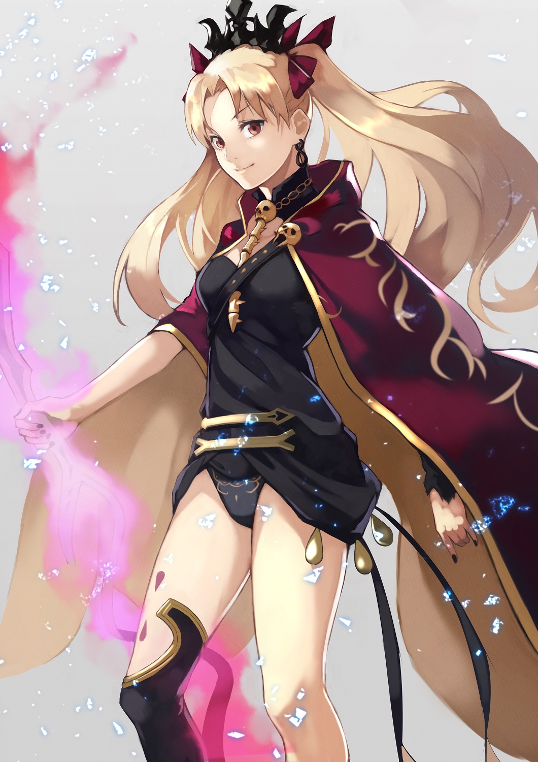 55level asymmetrical_legwear asymmetrical_sleeves bangs between_breasts black_legwear black_nails blonde_hair buckle cape closed_mouth commentary_request detached_collar earrings ereshkigal_(fate/grand_order) fate/grand_order fate_(series) hair_ribbon highres holding holding_weapon infinity jewelry light_particles long_hair looking_at_viewer multicolored multicolored_cape multicolored_clothes nail_polish necklace parted_bangs polearm red_cape red_eyes red_ribbon ribbon simple_background single_sleeve single_thighhigh skull smile spine thigh-highs tiara tohsaka_rin two_side_up weapon yellow_cape