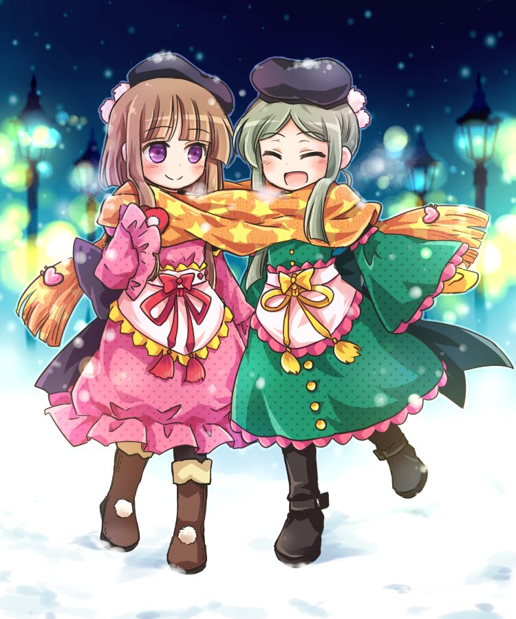 2girls boots brown_hair closed_eyes dress gloves green_hair hat long_hair multiple_girls nishida_satono open_mouth pote_(ptkan) scarf shared_scarf smile snow snowing tate_eboshi teireida_mai touhou violet_eyes winter