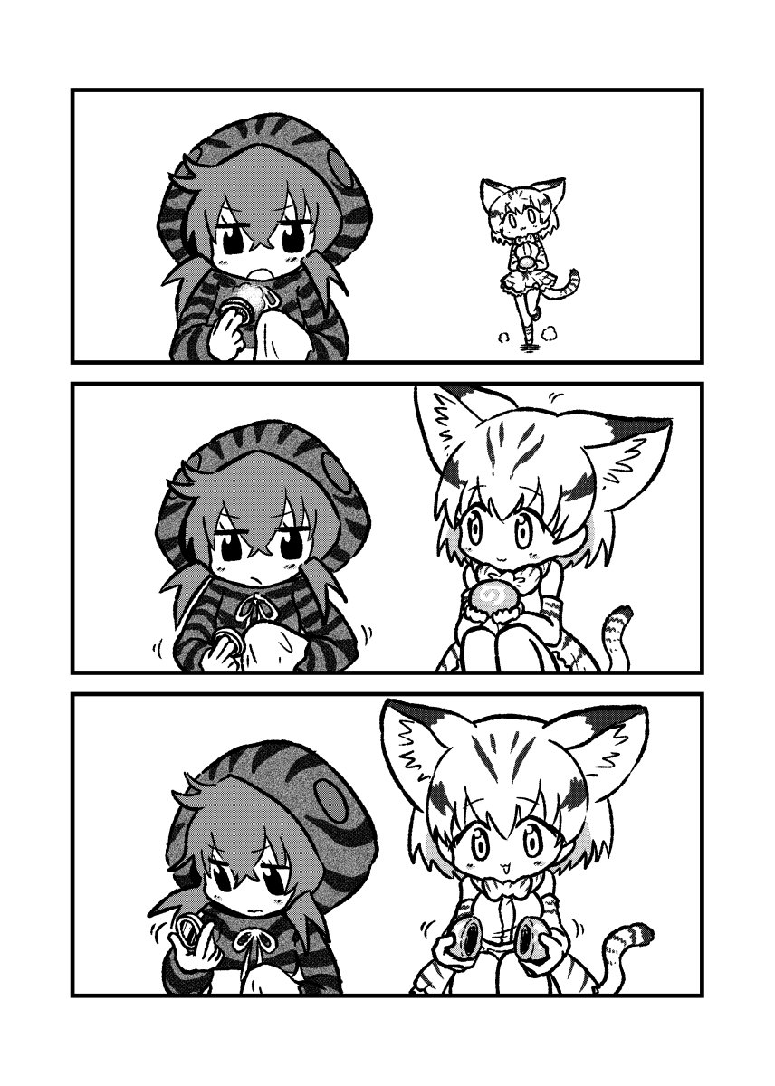 2girls 3koma :3 :d animal_ears bangs bare_shoulders blush bow bowtie cat_ears cat_tail closed_mouth comic elbow_gloves eyebrows_visible_through_hair food gloves greyscale hair_between_eyes highres hood hood_up hoodie japari_bun japari_coin japari_symbol kemono_friends kotobuki_(tiny_life) legs_together long_sleeves looking_at_another looking_down monochrome motion_lines multiple_girls neck_ribbon open_mouth ribbon sand_cat_(kemono_friends) short_hair silent_comic simple_background smile squatting standing standing_on_one_leg striped tail tareme tsuchinoko_(kemono_friends) walking white_background