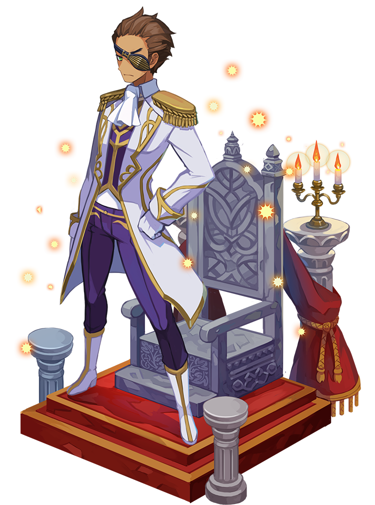 1boy alpha_transparency brown_hair candle cravat dark_skin dark_skinned_male eyepatch faux_figurine full_body gloves harada_takehito makai_wars male_focus odin_(makai_wars) official_art pants purple_pants short_hair solo stairs throne transparent_background white_gloves