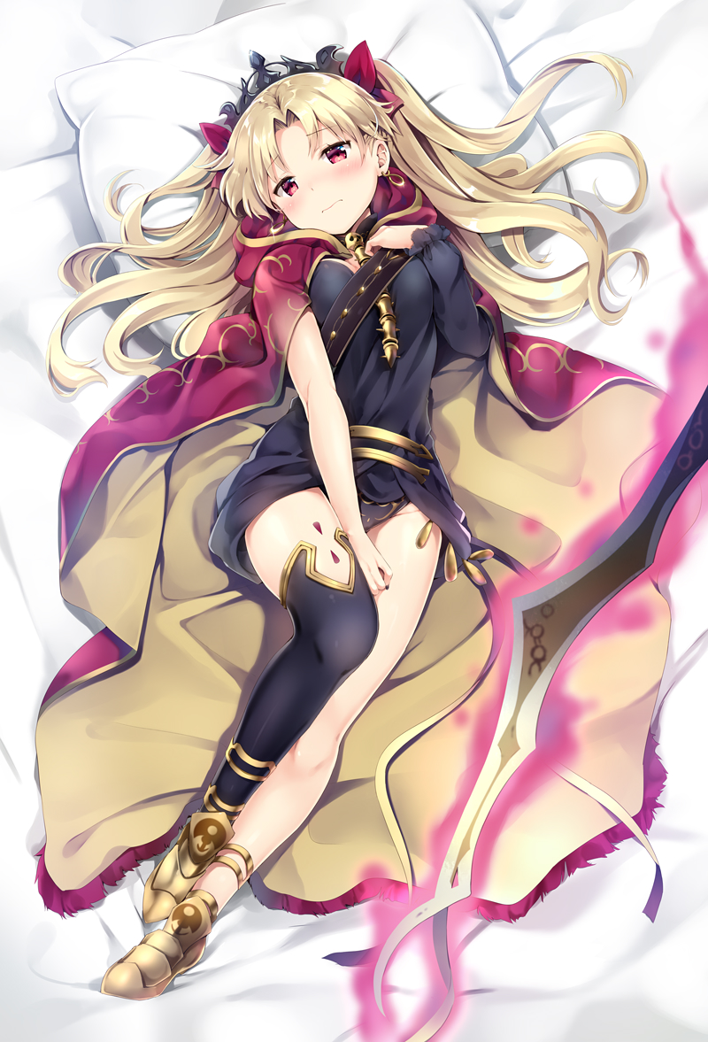 1girl bangs bed_sheet black_dress black_leotard blonde_hair blush cape closed_mouth commentary_request crown dress earrings ereshkigal_(fate/grand_order) fate/grand_order fate_(series) full_body hair_ribbon hoop_earrings jewelry leotard looking_at_viewer lying natsume_eri on_back parted_bangs pillow red_cape red_eyes ribbon single_sleeve single_thighhigh solo thigh-highs tiara tohsaka_rin two_side_up