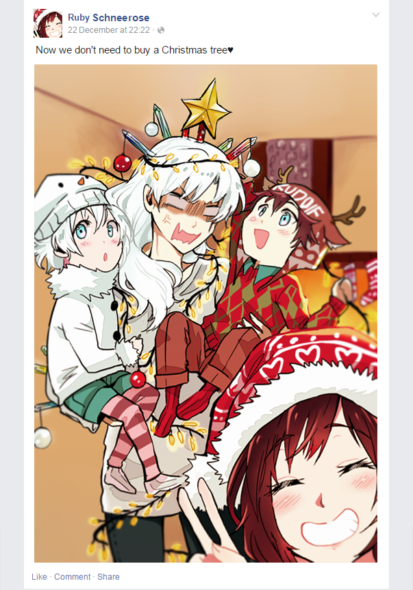 alternate_universe child christmas couple hat if_they_mated kuma_(bloodycolor) ruby_rose rwby salute santa_hat stress two-finger_salute weiss_schnee