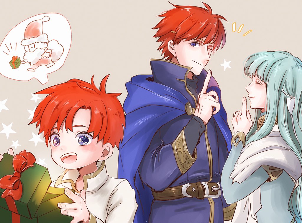 1girl 2boys armor blue_hair cape christmas dress eliwood_(fire_emblem) father_and_son fire_emblem fire_emblem:_fuuin_no_tsurugi fire_emblem:_rekka_no_ken fire_emblem_heroes gift hair_ornament hoshigaki_(hsa16g) long_hair mamkute mother_and_son multiple_boys ninian one_eye_closed open_mouth red_eyes redhead roy_(fire_emblem) short_hair smile younger
