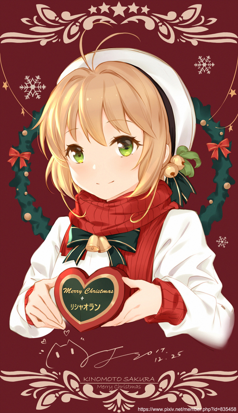 1girl antenna_hair bangs bell beret blush bow cangkong card_captor_sakura character_name closed_mouth cropped_torso dated green_neckwear green_ribbon hair_bell hair_ornament hat heart-shaped_box highres jingle_bell kinomoto_sakura long_sleeves looking_at_viewer merry_christmas neck_ribbon red_background red_bow red_scarf ribbon scarf short_hair signature simple_background sleeves_past_wrists smile snowflakes solo star tareme upper_body watermark web_address wreath