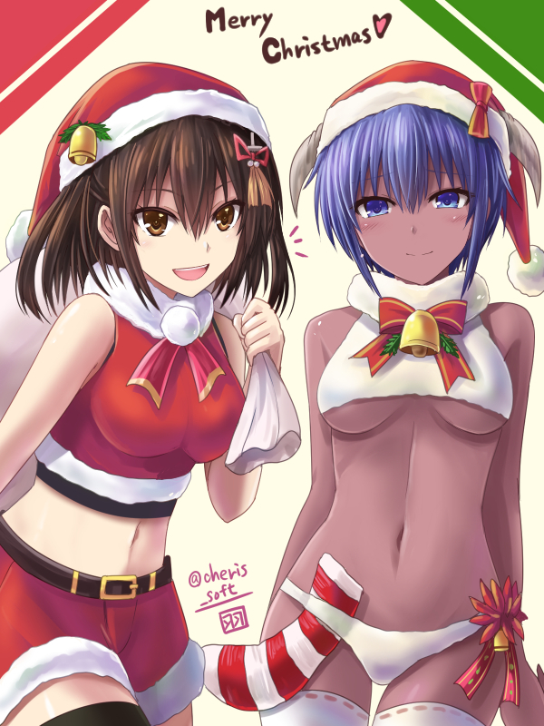 2girls :d assassin_(fate/prototype_fragments) bangs bare_arms bare_shoulders bell belt_buckle black_legwear blue_eyes blue_hair bow bowtie breasts brown_background brown_belt brown_eyes brown_hair buckle christmas_stocking closed_mouth cowboy_shot crop_top crossover dark_skin eyebrows_visible_through_hair fate/prototype fate/prototype:_fragments_of_blue_and_silver fate_(series) fur-trimmed_shirt fur-trimmed_shorts fur_collar hair_between_eyes hair_ornament half-closed_eyes hat hat_bow haura_akitoshi heart holding holding_sack horned_headwear kantai_collection looking_at_viewer medium_breasts medium_hair merry_christmas midriff multiple_girls navel open_mouth over_shoulder panties red_bow red_hat red_neckwear red_shirt red_shorts sack santa_costume santa_hat sendai_(kantai_collection) shirt short_hair shorts sidelocks sleeveless sleeveless_shirt smile stomach thigh-highs tsurime two_side_up under_boob underwear white_legwear white_panties