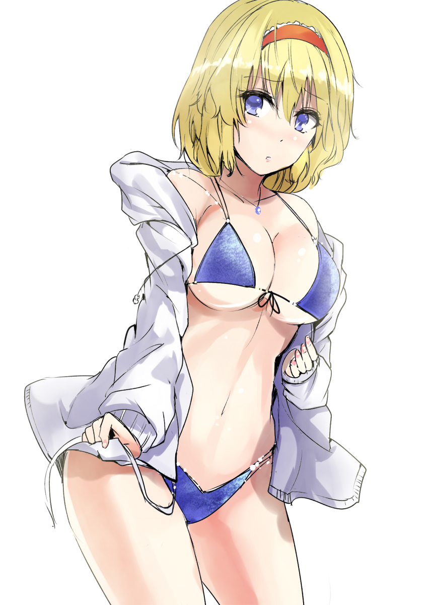 1girl alice_margatroid bangs bikini blonde_hair blue_bikini blue_eyes bow breasts cowboy_shot hair_bow hairband highres jacket jewelry large_breasts lolita_hairband long_sleeves looking_at_viewer navel open_clothes open_jacket parted_lips pendant short_hair simple_background solo stomach swimsuit thighs touhou white_background y2