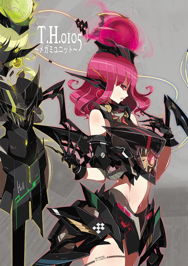 1girl bangs bare_shoulders black_gloves blonde_hair breasts claws cover cover_page earrings from_side gloves grey_background hands_up hecatia_lapislazuli jewelry large_breasts long_hair mecha_musume midriff polos_crown profile raptor7 red_eyes redhead solo touhou yellow_eyes