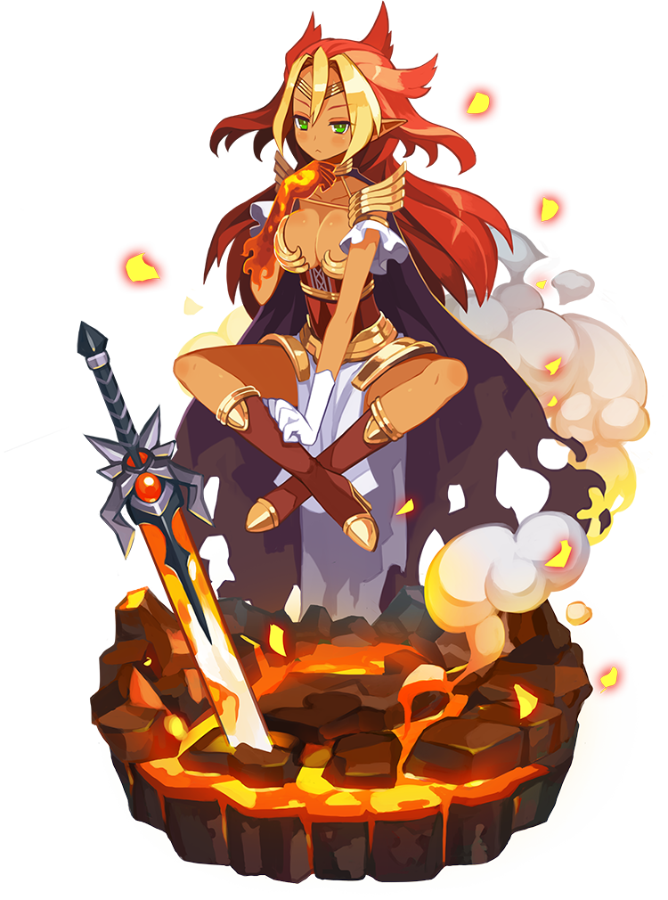 1girl alpha_transparency breasts cleavage faux_figurine full_body gloves green_eyes harada_takehito makai_wars multicolored_hair official_art redhead solo surtr_(makai_wars) tan transparent_background two-tone_hair white_gloves