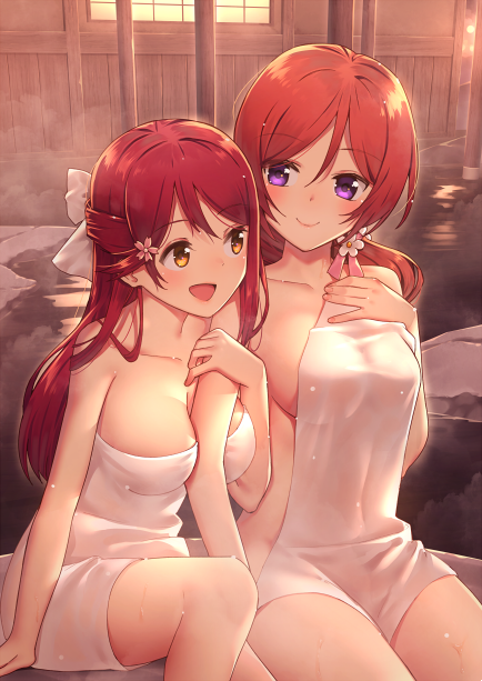 2girls bare_shoulders between_breasts brown_eyes collarbone hair_ornament hair_ribbon long_hair love_live! love_live!_sunshine!! multiple_girls nagareboshi naked_towel nishikino_maki onsen open_mouth redhead ribbon sakurauchi_riko sitting smile towel violet_eyes