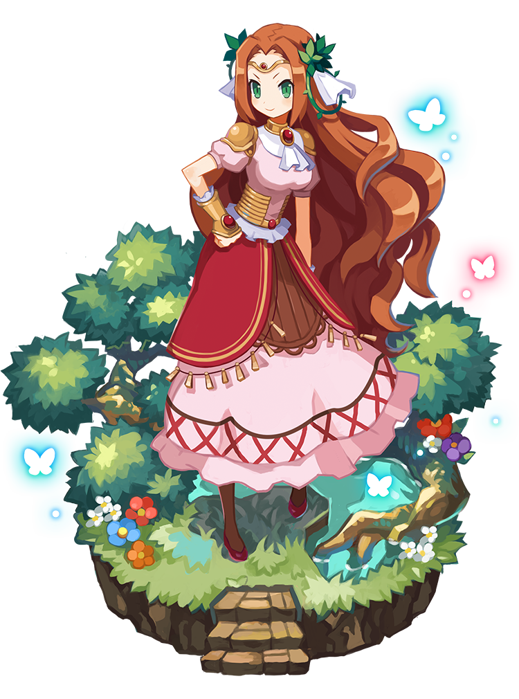 1girl alpha_transparency brown_hair butterfly dress faux_figurine flower freyja_(makai_wars) green_eyes hand_on_hip harada_takehito long_hair makai_wars official_art smile solo stairs transparent_background tree wavy_hair