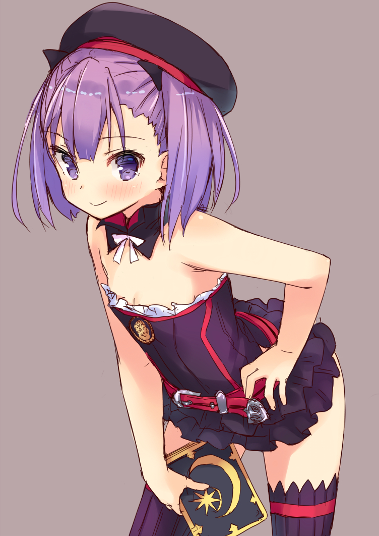 1girl bare_shoulders belt beret black_legwear black_leotard book detached_collar fate/grand_order fate_(series) flat_chest hand_on_hip hat helena_blavatsky_(fate/grand_order) holding leaning_forward leotard looking_at_viewer miniskirt mokoke purple_hair ribbon short_hair skirt smile solo strapless strapless_leotard thigh-highs twintails violet_eyes