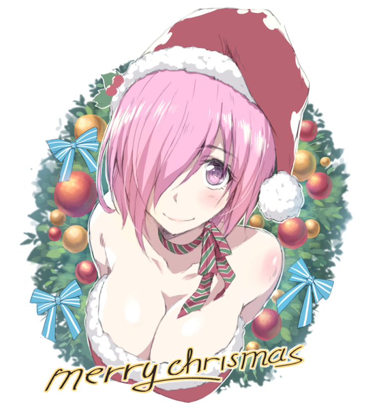 1girl bare_shoulders blue_bow blush bobblehat bow breasts cleavage closed_mouth collarbone colored_stripes dress fate/grand_order fate_(series) from_above fur-trimmed_dress hair_over_one_eye hat large_breasts lips looking_at_viewer looking_up mash_kyrielight merry_christmas red_dress red_hat santa_hat shiny shiny_hair short_hair simple_background smile solo strapless strapless_dress striped striped_neckwear tareme tonee upper_body white_background wreath