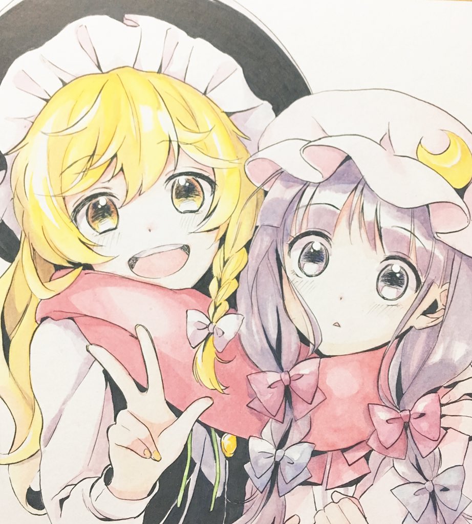 2girls :d :o blonde_hair blue_bow bow braid commentary crescent crescent_moon_pin eyebrows_visible_through_hair fingernails frilled_hat frills grey_eyes hair_ribbon hat head_tilt kirisame_marisa long_hair looking_at_viewer low_twintails multiple_girls nail_polish open_mouth parted_lips patchouli_knowledge pillow_hat red_bow red_scarf ribbon scarf shared_scarf sketch smile touhou traditional_media tress_ribbon triangle_mouth twintails vanilla_(miotanntann) w white_bow witch_hat yellow_eyes yellow_nails