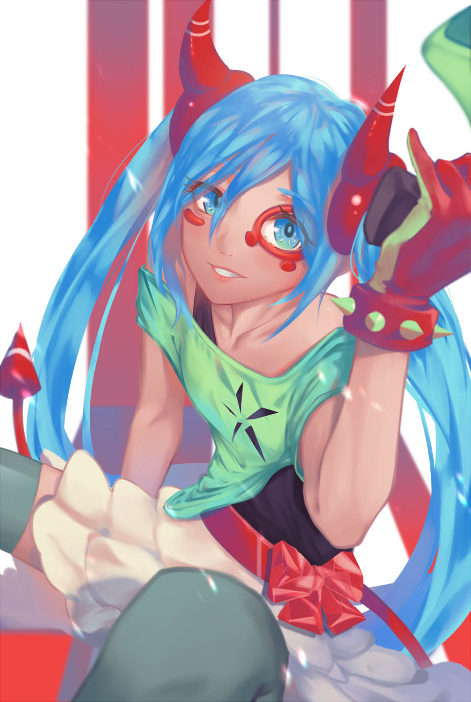 1girl blue_eyes blue_hair bracelet commentary eyebrows_visible_through_hair gloves green_shirt grey_legwear hair_between_eyes hand_up hatsune_miku highres holding horns jewelry lips litra_(ltr0312) looking_at_viewer off_shoulder parted_lips pink_lips red_gloves shirt sitting smile solo spiked_bracelet spikes thigh-highs twintails vocaloid