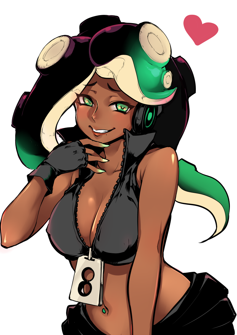 1girl bare_arms bare_shoulders black_gloves black_vest breasts cephalopod_eyes cleavage collarbone crop_top cropped_vest dark_skin den_itsuki erect_nipples eyebrows_visible_through_hair fingerless_gloves gloves green_eyes green_hair green_skin grin hand_on_own_chin hand_up headphones heart high_collar hips iida_(splatoon) lips long_hair looking_at_viewer medium_breasts mole mole_under_mouth multicolored multicolored_hair multicolored_skin navel navel_piercing octarian piercing purple_hair shorts simple_background smile solo splatoon splatoon_2 stomach suction_cups tentacle_hair unzipped upper_body vest white_background yellow_pupils zipper zipper_pull_tab