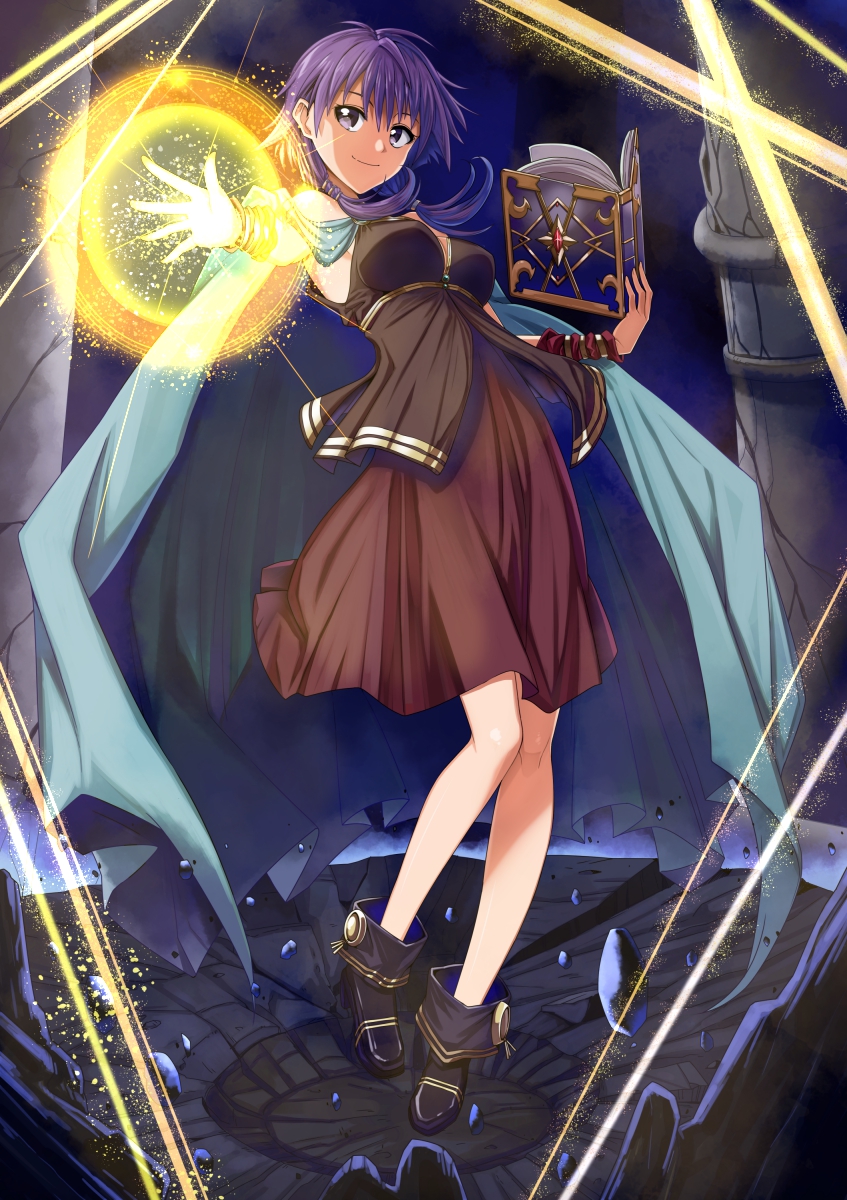 1girl bare_shoulders black_footwear book boots commission debris destruction dress fire_emblem fire_emblem:_the_sacred_stones highres indoors light_particles light_rays looking_at_viewer lute_(fire_emblem) magic medium_hair okiguro open_book outstretched_arm purple_hair skeb_commission sleeveless sleeveless_dress smile solo tagme twintails violet_eyes