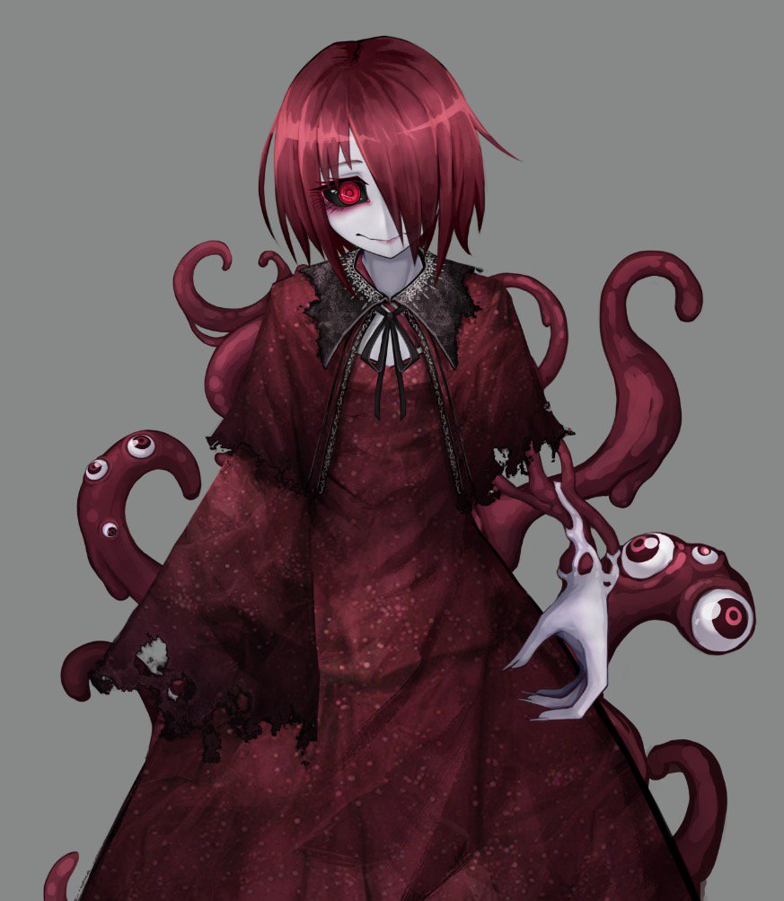 1girl black_sclera cape closed_mouth commentary_request creepy dress eldritch_abomination extra_ears eyeshadow grey_background grey_skin hair_over_one_eye makeup monster_girl one_eye_covered original ray-k red_dress red_eyes redhead short_hair simple_background smile solo standing tentacle torn_cape upper_body