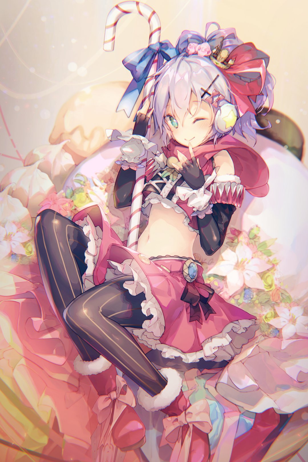 1girl azur_lane bare_shoulders black_gloves black_legwear blush boot_bow boots bow candy candy_cane character_request closed_mouth commentary_request elbow_gloves finger_to_mouth fingerless_gloves food frilled_skirt frills fur_trim gloves green_eyes hair_bow hair_ornament hand_up highres looking_at_viewer midriff navel one_eye_closed ponytail purple_hair red_footwear red_skirt santa_boots short_hair skirt smile solo thigh-highs yatsuha_(hachiyoh)