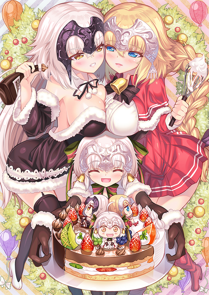 3girls ahoge alternate_costume artist_request bell black_gloves blonde_hair blue_eyes blush bow breast_press breasts cake capelet character_doll christmas closed_eyes detached_sleeves dress elbow_gloves fate/apocrypha fate/grand_order fate_(series) food fur_trim gift gloves green_ribbon hair_between_eyes hat headpiece holding jeanne_d'arc_(alter)_(fate) jeanne_d'arc_(fate) jeanne_d'arc_(fate)_(all) jeanne_d'arc_alter_santa_lily large_breasts long_hair looking_at_viewer multiple_girls open_mouth pov red_dress ribbon sack santa_costume santa_hat short_hair silver_hair smile striped striped_bow striped_ribbon symmetrical_docking yellow_eyes younger