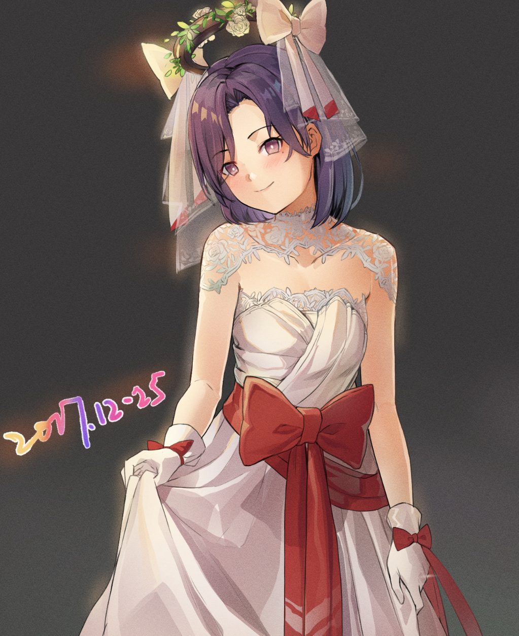1girl alternate_costume bangs bare_arms black_background blush bow closed_mouth cowboy_shot dress eyebrows_visible_through_hair flat_chest gloves head_tilt highres kantai_collection looking_at_viewer mechanical_halo mole mole_under_eye piza_rokumai purple_hair red_bow sash see-through short_hair skirt_hold smile solo standing strapless strapless_dress tatsuta_(kantai_collection) violet_eyes white_bow white_dress white_gloves