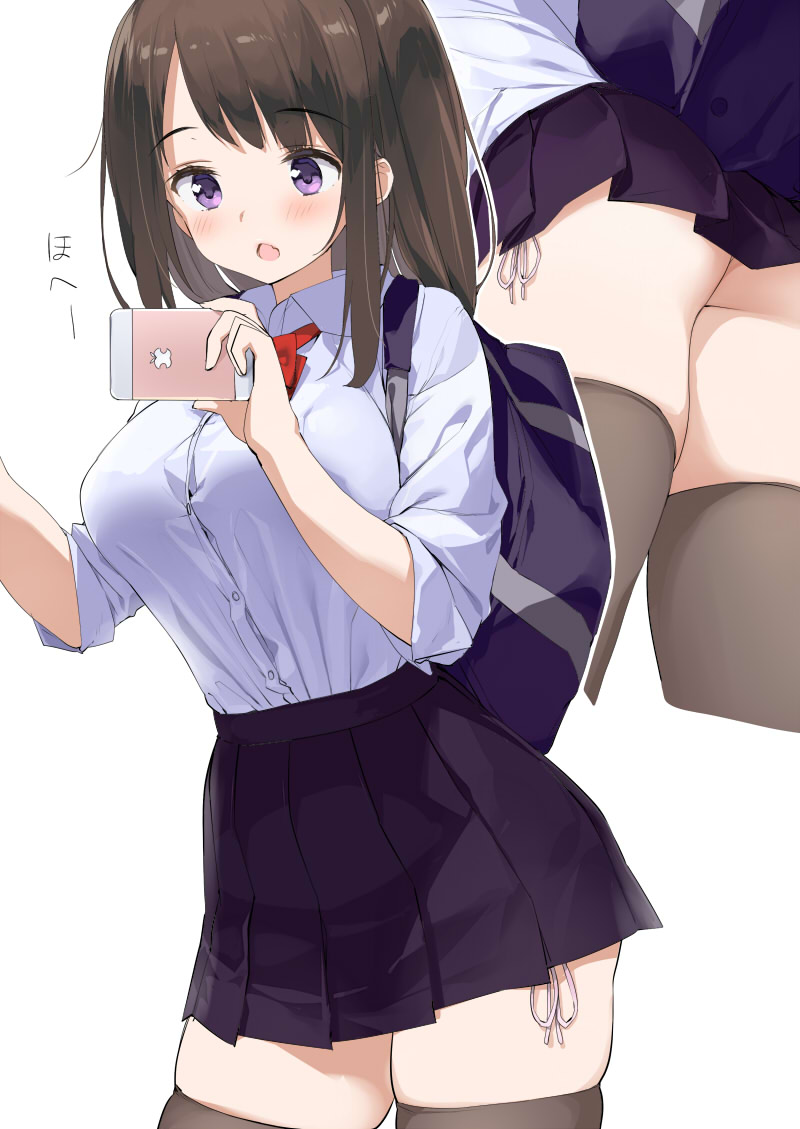 1girl ass bag blush breasts brown_hair cellphone contrapposto cowboy_shot eyebrows_visible_through_hair fang grey_legwear kaisen_chuui large_breasts medium_hair miniskirt multiple_views open_mouth original panties phone pleated_skirt school_bag school_uniform shirt_tucked_in shoulder_bag side-tie_panties simple_background skirt sleeves_rolled_up smartphone standing thigh-highs underwear violet_eyes white_background