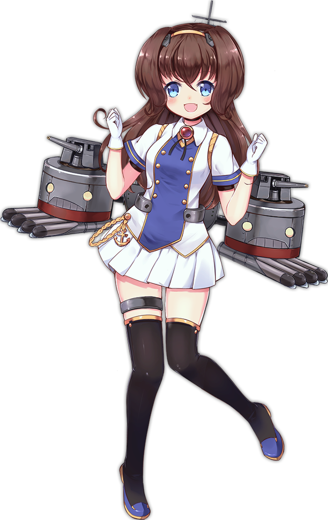 1girl :d aiguillette anchor azur_lane bangs beagle_(azur_lane) black_legwear blue_eyes blue_footwear blush breasts brooch brown_hair buttons collared_shirt eyebrows eyebrows_visible_through_hair facing_viewer fang full_body gloves hair_between_eyes hair_intakes hairband jewelry leg_up legs_apart linda_b long_hair looking_at_viewer machinery medium_breasts miniskirt official_art open_mouth pleated_skirt shiny shiny_hair shirt shoes short_sleeves simple_background skindentation skirt smile solo spotlight standing standing_on_one_leg tareme thigh-highs thigh_strap torpedo torpedo_tubes transparent_background turret white_gloves white_skirt yellow_hairband zettai_ryouiki