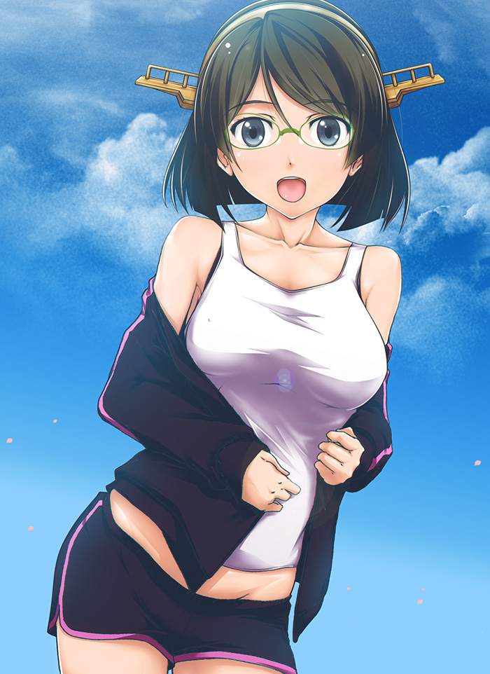 1girl alternate_costume bare_shoulders black_hair black_jacket black_skirt blue_eyes blush breasts clouds collarbone day glasses graphite_(medium) green-framed_eyewear headgear jacket kantai_collection kirishima_(kantai_collection) looking_at_viewer mechanical_pencil medium_breasts midriff off_shoulder open_mouth pencil remodel_(kantai_collection) short_hair skirt sky slowpit solo sportswear traditional_media upper_body white_singlet