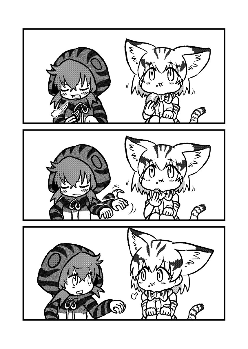 2girls 3koma afterimage animal_ears bare_shoulders bow bowtie breath cat_ears cat_tail closed_eyes comic eating elbow_gloves eye_contact eyebrows_visible_through_hair food food_on_face gloves greyscale hair_between_eyes highres hood hood_up hoodie kemono_friends kotobuki_(tiny_life) legs_together long_sleeves looking_at_another monochrome multiple_girls neck_ribbon ribbon sand_cat_(kemono_friends) short_hair silent_comic simple_background squatting striped tail tsuchinoko_(kemono_friends) white_background