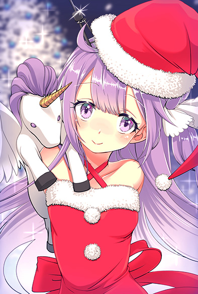 1girl azur_lane bangs bare_shoulders blush breasts christmas closed_mouth collarbone commentary_request criss-cross_halter dress eyebrows_visible_through_hair fur-trimmed_dress fur-trimmed_hat hair_bun hair_ribbon halterneck hat hayosena head_tilt long_hair looking_at_viewer one_side_up purple_hair red_dress red_hat ribbon santa_costume santa_hat side_bun small_breasts smile solo sparkle stuffed_animal stuffed_pegasus stuffed_toy stuffed_unicorn unicorn_(azur_lane) upper_body very_long_hair violet_eyes white_ribbon