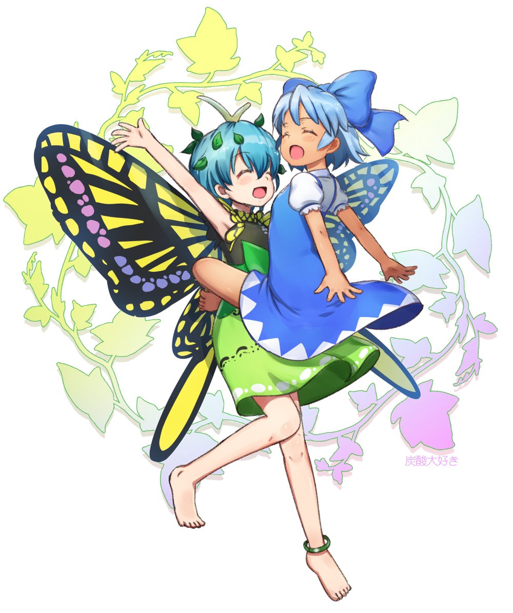 2girls anklet antennae arm_up bangs bare_legs barefoot blue_bow blue_dress blue_eyes blue_hair bow butterfly_wings cirno closed_eyes commentary_request dress eternity_larva green_dress hair_bow hair_ornament jewelry leaf_hair_ornament multiple_girls no_wings puffy_short_sleeves puffy_sleeves short_dress short_hair short_sleeves smile tanned_cirno tansan_daisuki touhou white_background wings