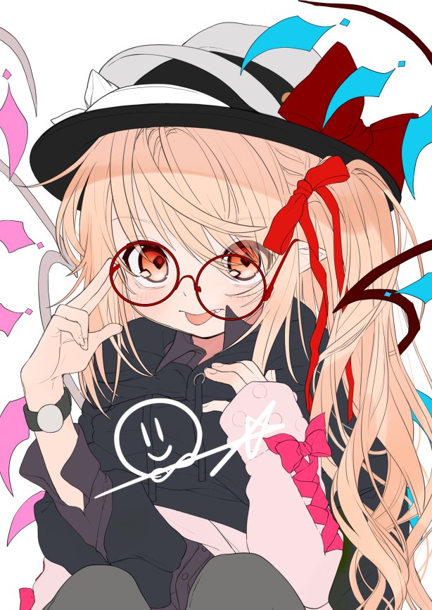 1girl alternate_costume alternate_headwear bespectacled black_jacket blonde_hair bow fedora flandre_scarlet glasses gotoh510 hair_ribbon hat hat_bow hood hooded_jacket jacket long_sleeves looking_at_viewer pointy_ears red-framed_eyewear red_bow red_eyes red_ribbon ribbon side_ponytail simple_background smiley_face star tongue tongue_out touhou watch white_background wings
