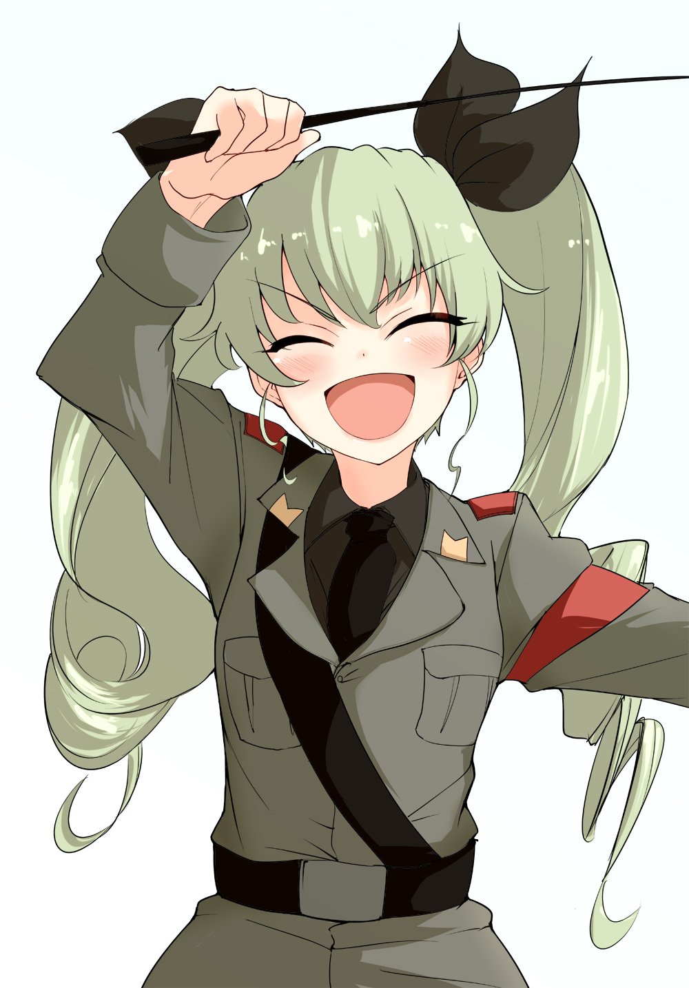 1girl :d anchovy anzio_military_uniform arm_up bangs barashiya belt black_belt black_neckwear black_ribbon black_shirt commentary_request dress_shirt drill_hair eyebrows_visible_through_hair facing_viewer girls_und_panzer green_hair grey_jacket hair_ribbon highres holding jacket long_hair long_sleeves military military_uniform necktie open_mouth red_eyes ribbon riding_crop sam_browne_belt shirt smile solo standing twin_drills twintails uniform upper_body v-shaped_eyebrows