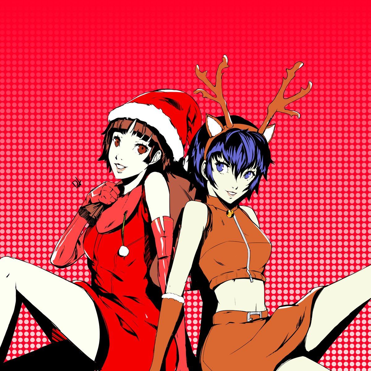 2girls animal_costume animal_ears bare_shoulders blue_eyes blue_hair brown_hair character_name character_request dh_(brink_of_memories) elbow_gloves fur-trimmed_hat gloves hair_between_eyes highres midriff multiple_girls navel neck_bell persona polka_dot polka_dot_background red_eyes reindeer_costume reindeer_ears sack santa_costume short_hair thighs