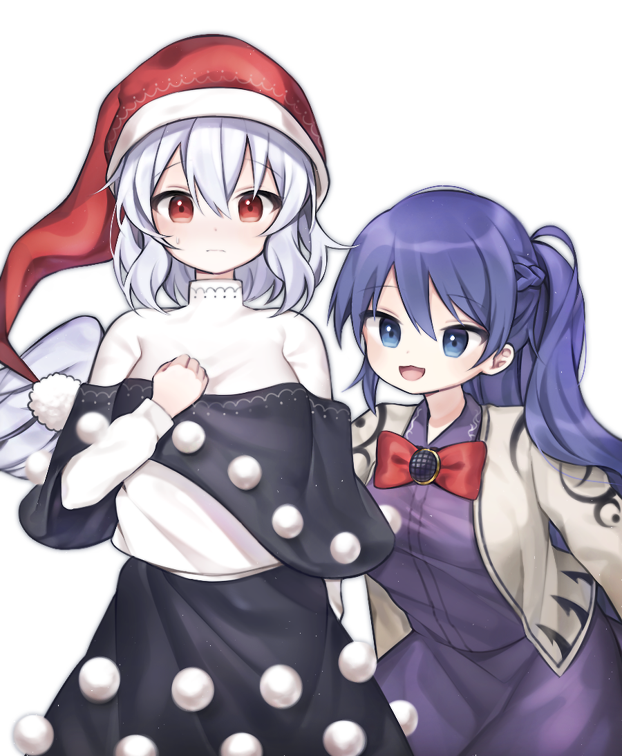 2girls blue_eyes blue_hair blush cosplay costume_switch doremy_sweet hat kishin_sagume long_hair long_sleeves multiple_girls nightcap open_mouth pom_pom_(clothes) red_eyes red_hat short_hair simple_background single_wing smile soooooook2 touhou turtleneck white_background white_hair wings