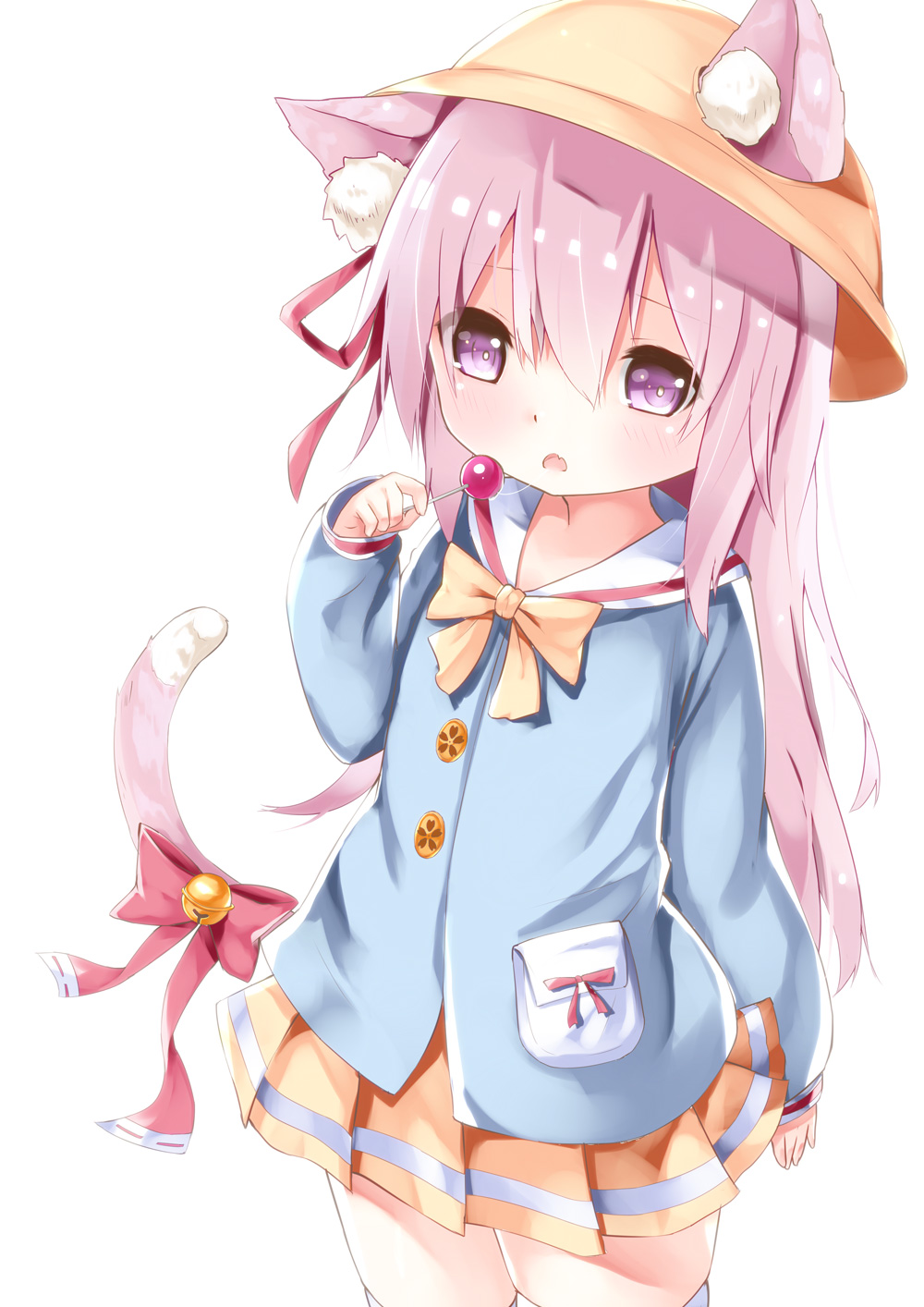 1girl animal_ears arm_at_side azur_lane bangs bell blue_shirt bow bowtie candy cat_ears cat_girl cat_tail commentary_request ears_through_headwear eyebrows_visible_through_hair fang food hair_between_eyes hair_ribbon hand_up hat highres holding holding_lollipop jingle_bell kindergarten_uniform kisaragi_(azur_lane) lollipop long_hair long_sleeves looking_at_viewer parted_lips pink_hair pleated_skirt red_bow red_ribbon ria_(riaaaaaaa) ribbon saliva saliva_trail school_hat shirt simple_background skirt solo tail tail_bell tail_bow thigh-highs very_long_hair violet_eyes white_background white_legwear yellow_hat yellow_neckwear yellow_skirt
