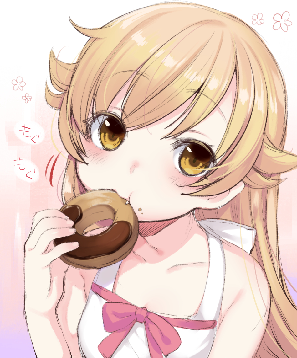 1girl bakemonogatari bangs bare_shoulders blonde_hair blush brown_eyes collarbone dancho_(dancyo) doughnut dress eating eyebrows_visible_through_hair fang food hair_between_eyes hair_flaps head_tilt holding holding_doughnut long_hair looking_at_viewer monogatari_(series) oshino_shinobu sleeveless sleeveless_dress solo translation_request very_long_hair white_dress