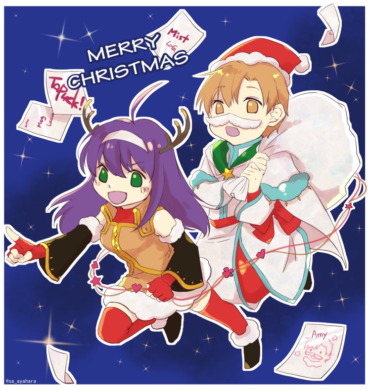 1boy 1girl bare_shoulders blue_hair blush brown_hair cape chibi christmas cyaca_ab facial_hair fire_emblem fire_emblem:_souen_no_kiseki gloves green_eyes hat headband long_hair mustache open_mouth purple_hair rhys santa_costume short_hair smile snow thigh-highs wayu_(fire_emblem)