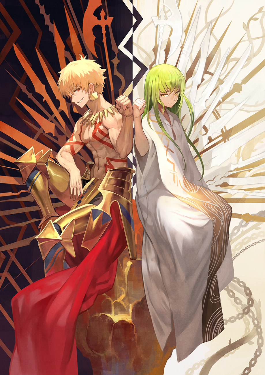2boys abs androgynous armor boots cape chains closed_mouth commentary_request enkidu_(fate/strange_fake) enkidu_(weapon) fate/grand_order fate_(series) faulds fist_bump gilgamesh greaves green_hair grin halberd highres knee_up lack lance long_hair long_sleeves looking_at_another male_focus multiple_boys navel polearm red_cape red_eyes robe shirtless sitting smile spear tattoo waist_cape weapon yellow_eyes