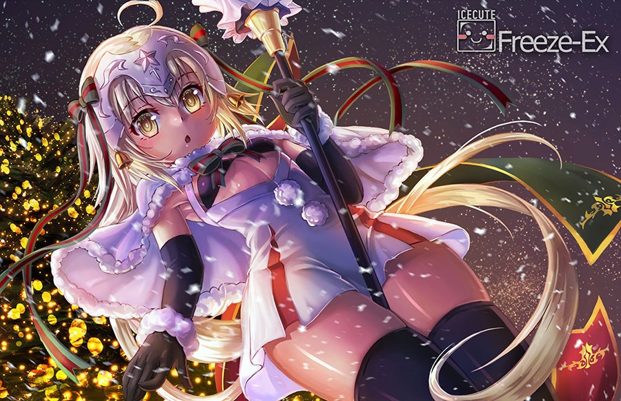 1girl ahoge bell between_legs bikini_top black_gloves black_legwear black_ribbon blonde_hair capelet christmas_tree commentary dress elbow_gloves fate/grand_order fate_(series) flat_chest freeze-ex from_below gloves hair_ribbon headpiece jeanne_d'arc_(fate)_(all) jeanne_d'arc_alter_santa_lily long_hair night outdoors ribbon short_dress snow snowing solo staff thigh-highs very_long_hair yellow_eyes