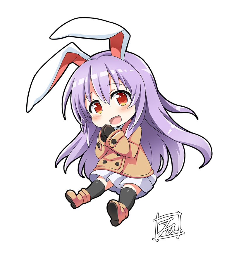 1girl :d animal_ears bangs black_legwear blush boots chibi coat commentary_request eyebrows_visible_through_hair full_body hair_between_eyes long_hair long_sleeves looking_at_viewer mittens open_mouth orange_coat orange_footwear own_hands_together pleated_skirt purple_hair rabbit_ears red_eyes reisen_udongein_inaba signature simple_background skirt smile solo thigh-highs tirotata touhou white_background white_skirt